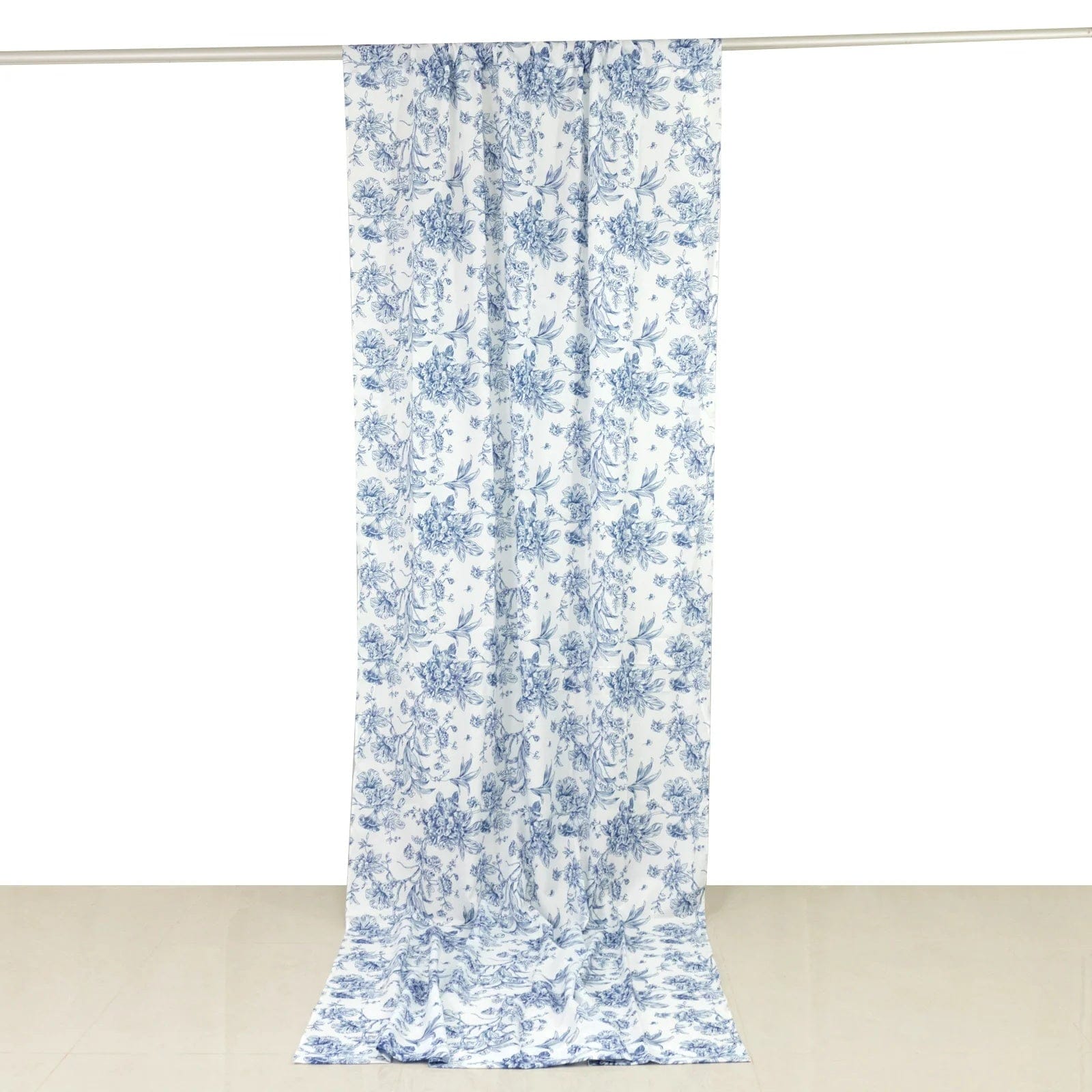 White Polyester Drapery Backdrop Curtain with French Toile Floral Pattern and Rod Pockets