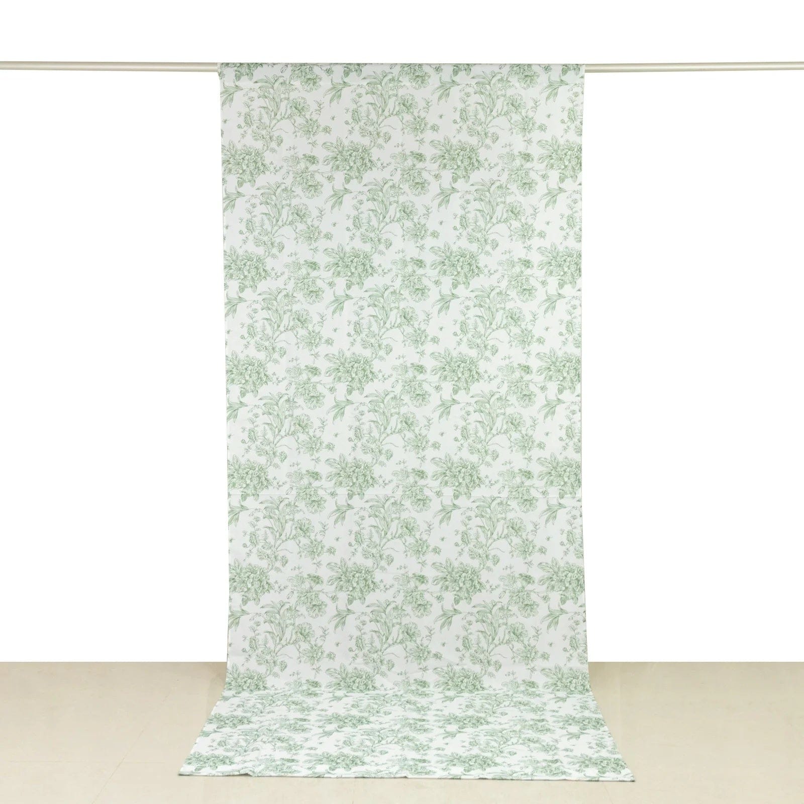 White Polyester Drapery Backdrop Curtain with French Toile Floral Pattern and Rod Pockets