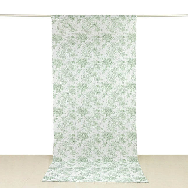 White Polyester Drapery Backdrop Curtain with French Toile Floral Pattern and Rod Pockets