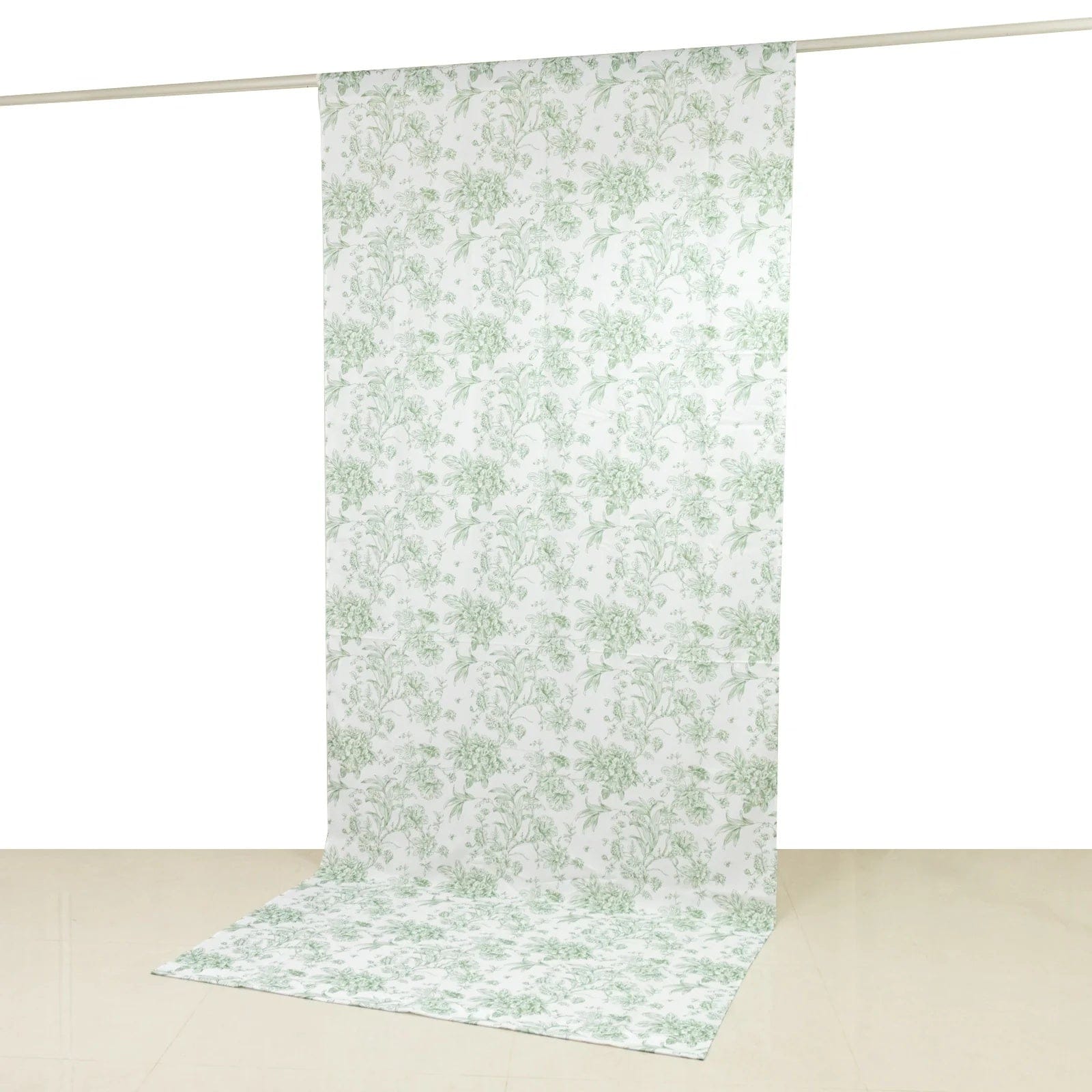 White Polyester Drapery Backdrop Curtain with French Toile Floral Pattern and Rod Pockets