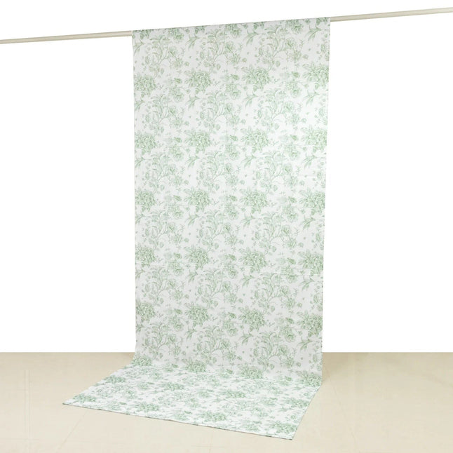 White Polyester Drapery Backdrop Curtain with French Toile Floral Pattern and Rod Pockets