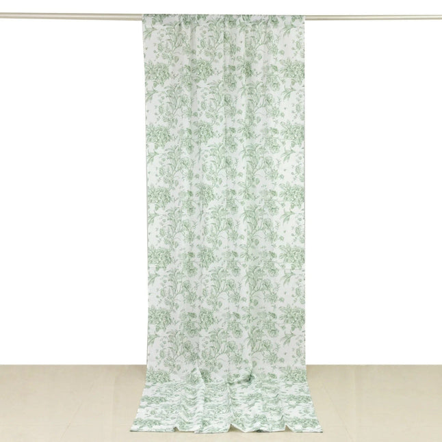 White Polyester Drapery Backdrop Curtain with French Toile Floral Pattern and Rod Pockets
