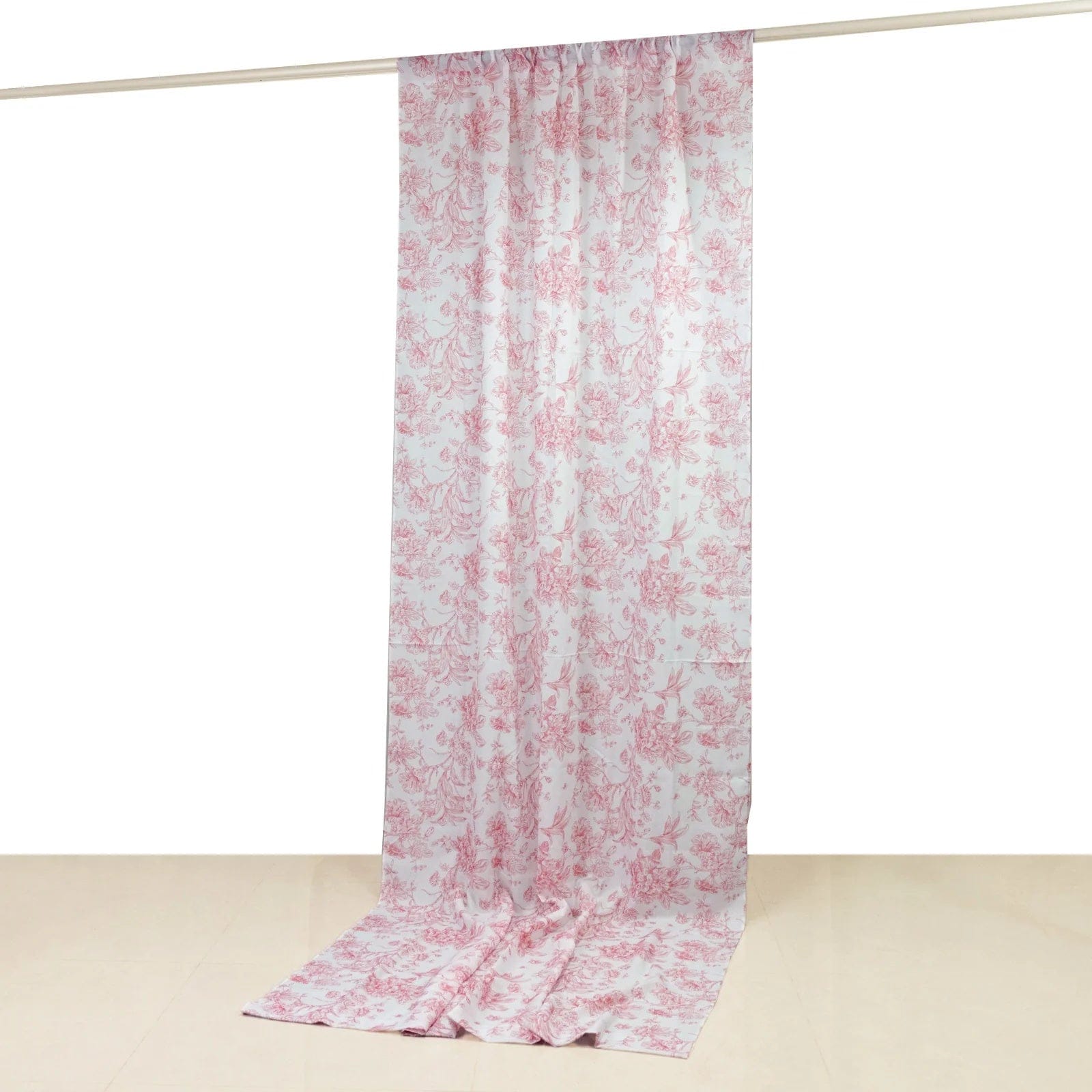 White Polyester Drapery Backdrop Curtain with French Toile Floral Pattern and Rod Pockets