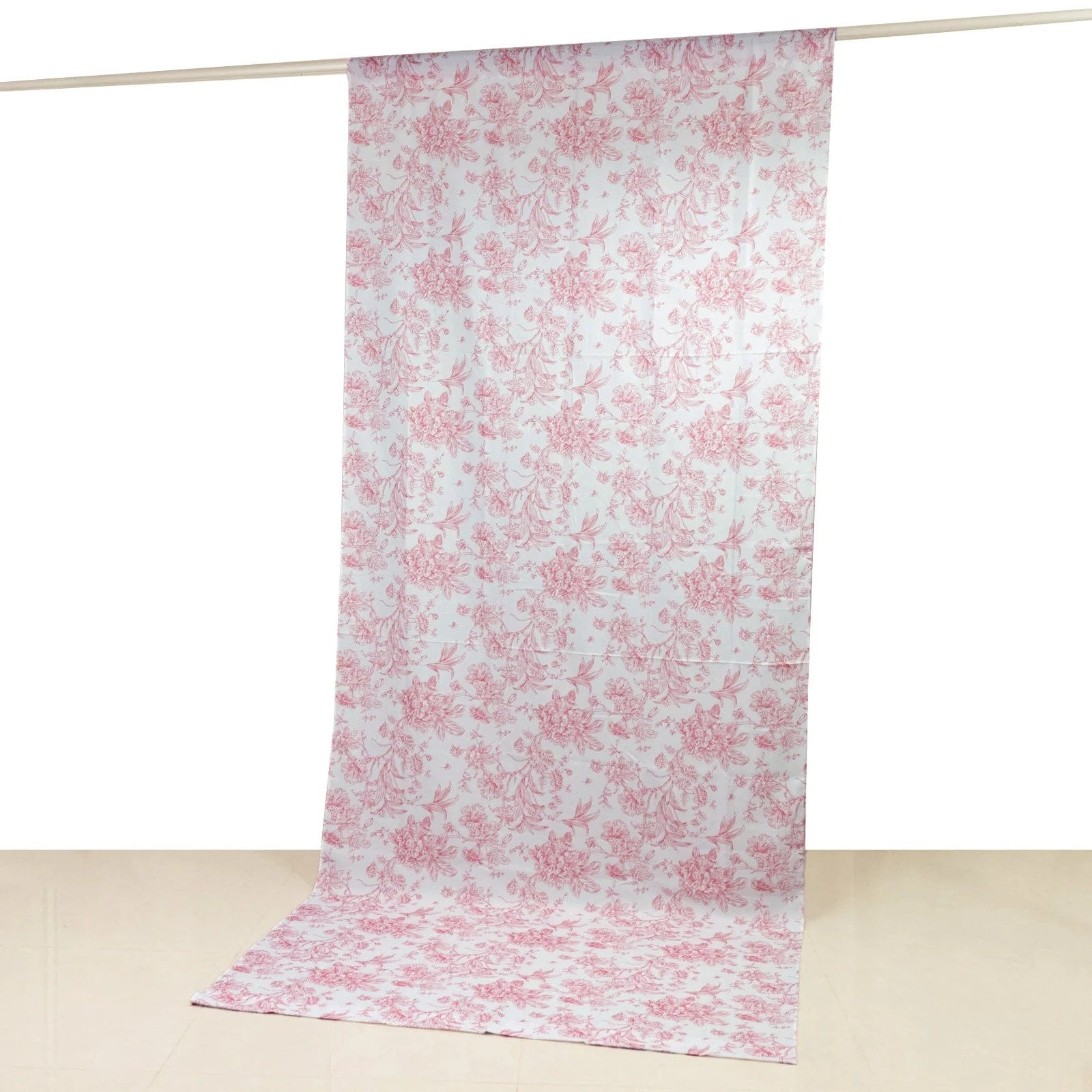 White Polyester Drapery Backdrop Curtain with French Toile Floral Pattern and Rod Pockets