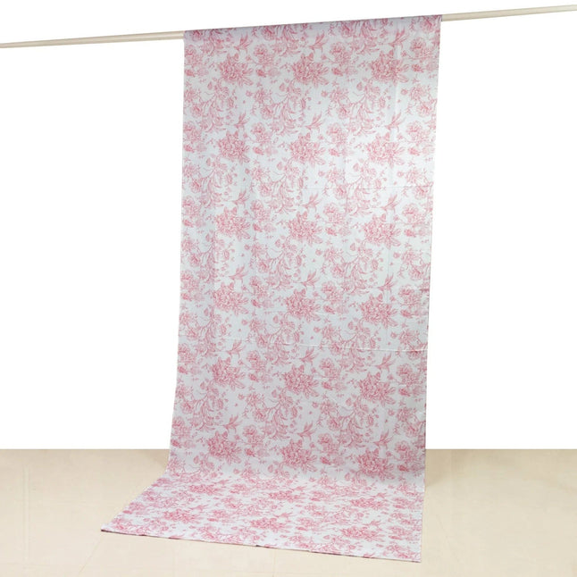 White Polyester Drapery Backdrop Curtain with French Toile Floral Pattern and Rod Pockets