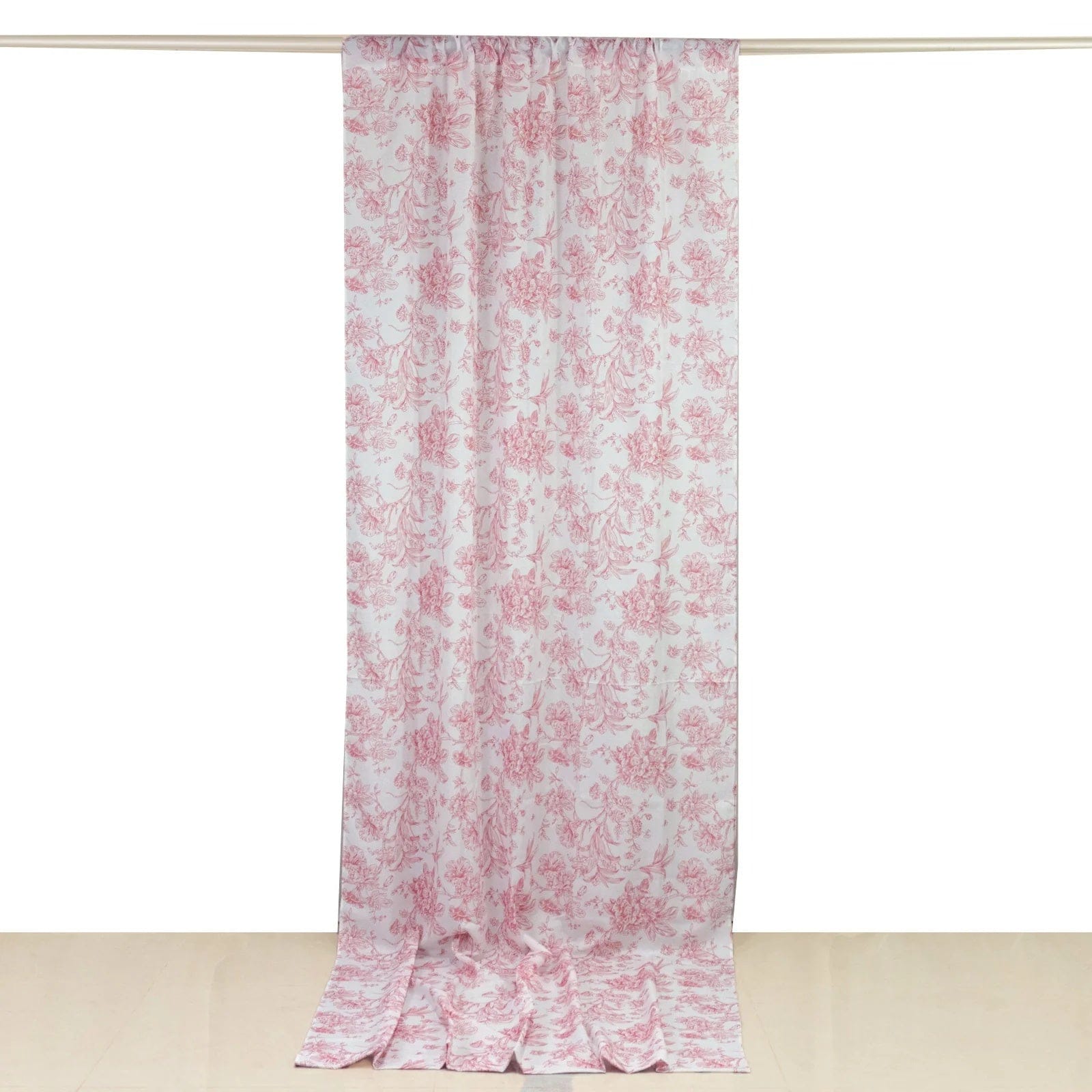 White Polyester Drapery Backdrop Curtain with French Toile Floral Pattern and Rod Pockets