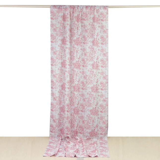 White Polyester Drapery Backdrop Curtain with French Toile Floral Pattern and Rod Pockets
