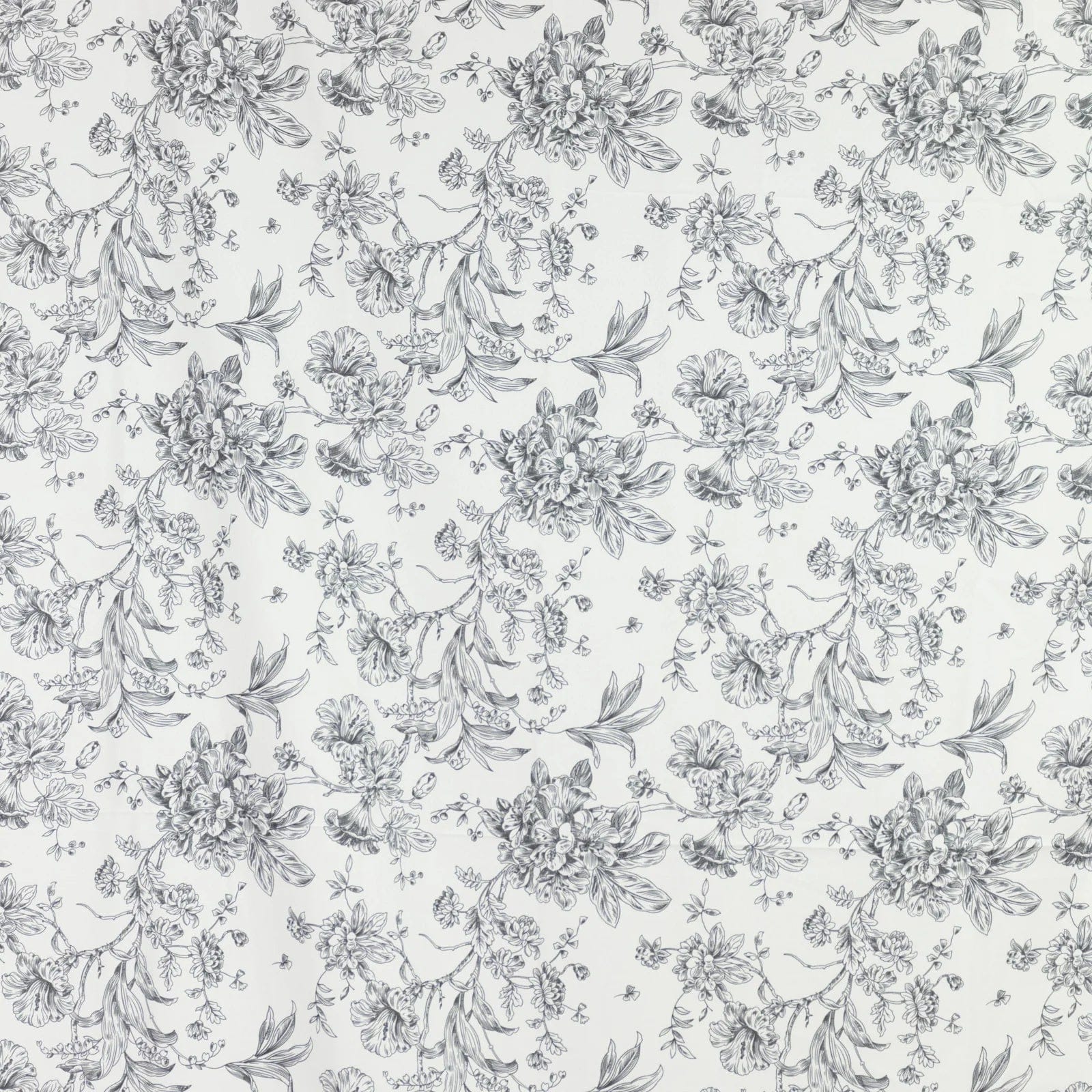 White Polyester Drapery Backdrop Curtain with French Toile Floral Pattern and Rod Pockets