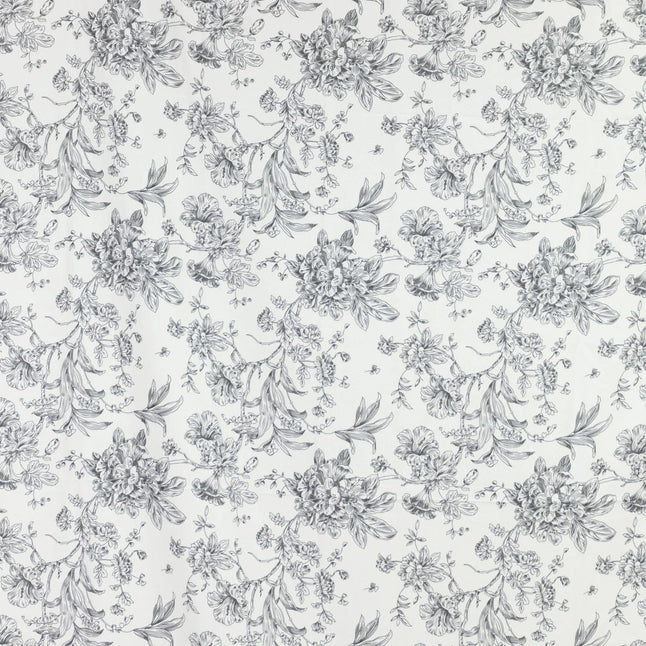 White Polyester Drapery Backdrop Curtain with French Toile Floral Pattern and Rod Pockets