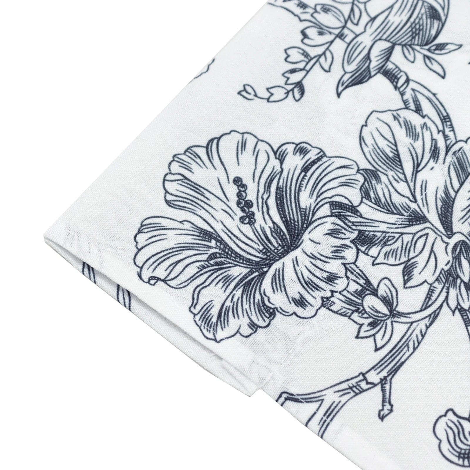 White Polyester Drapery Backdrop Curtain with French Toile Floral Pattern and Rod Pockets