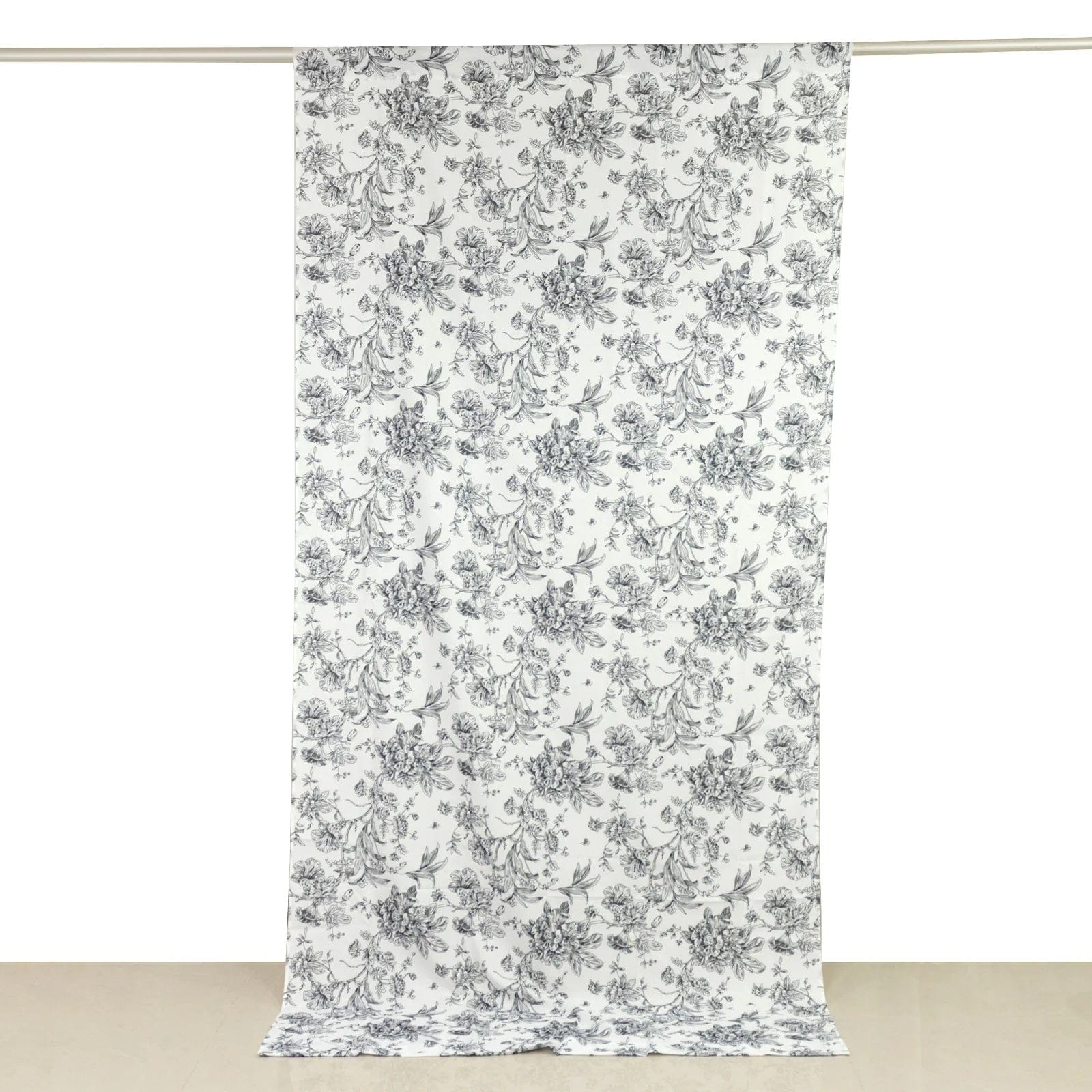 White Polyester Drapery Backdrop Curtain with French Toile Floral Pattern and Rod Pockets