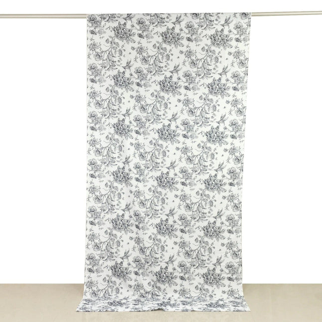 White Polyester Drapery Backdrop Curtain with French Toile Floral Pattern and Rod Pockets
