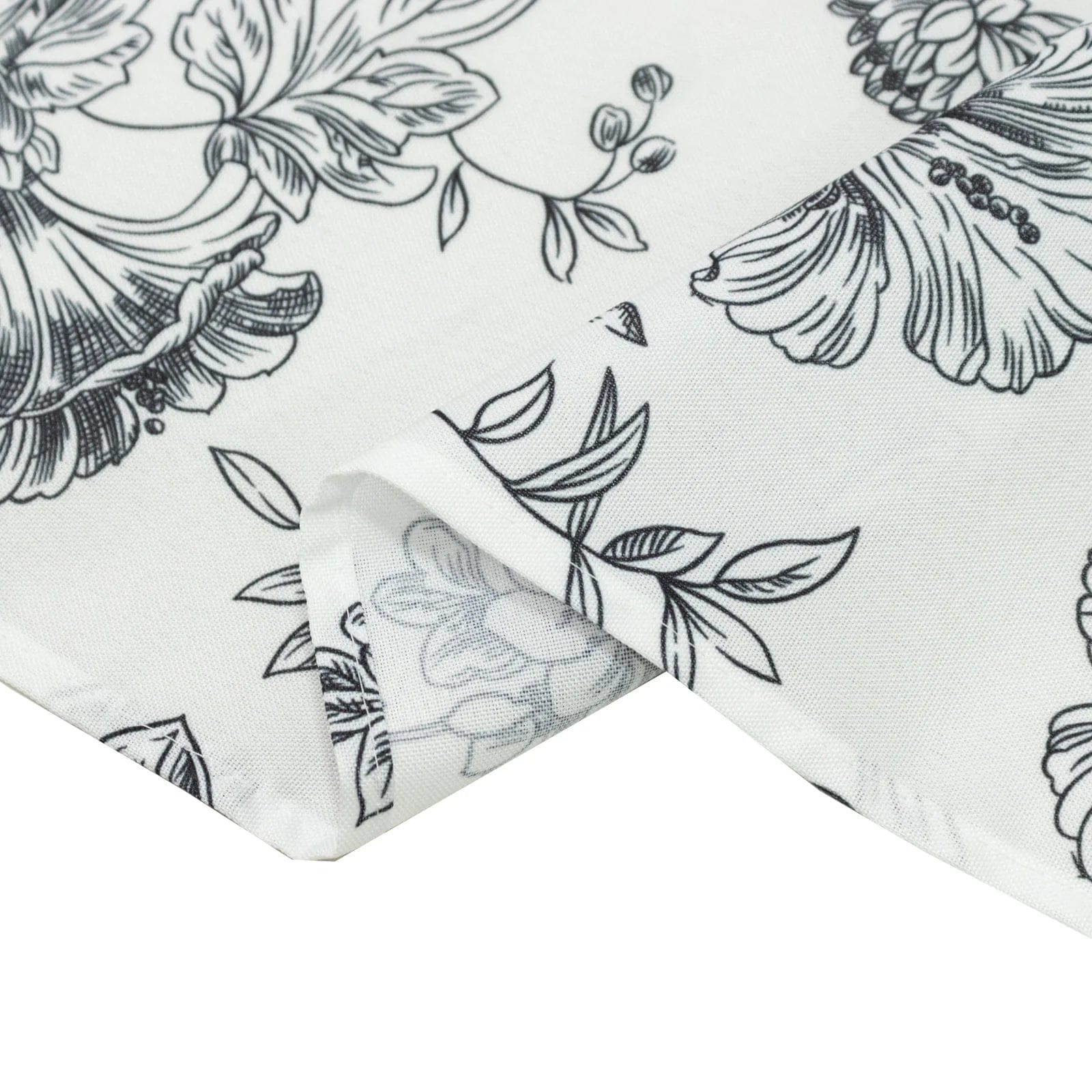 White Polyester Drapery Backdrop Curtain with French Toile Floral Pattern and Rod Pockets