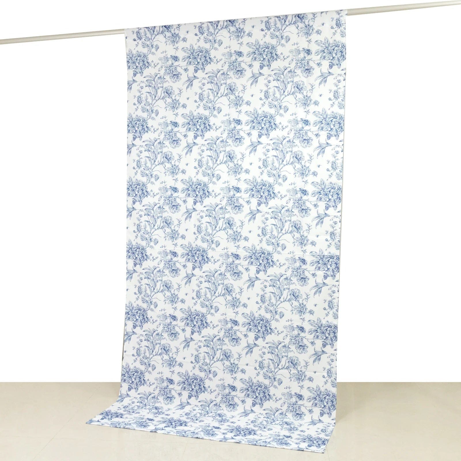 White Polyester Drapery Backdrop Curtain with French Toile Floral Pattern and Rod Pockets