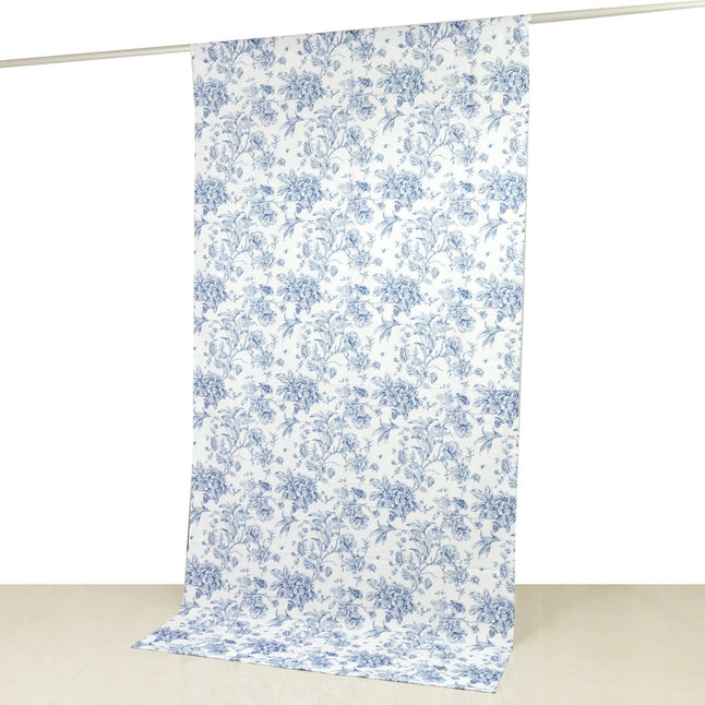 White Polyester Drapery Backdrop Curtain with French Toile Floral Pattern and Rod Pockets