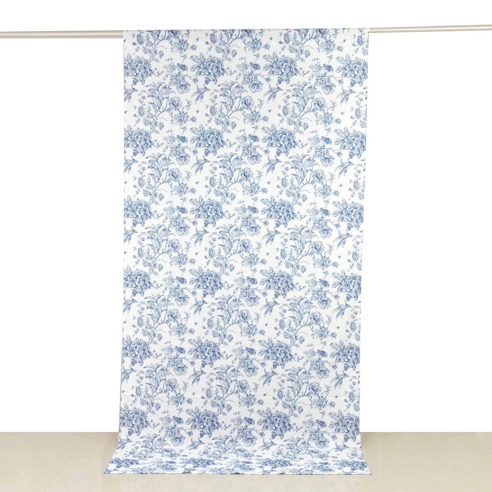 White Polyester Drapery Backdrop Curtain with French Toile Floral Pattern and Rod Pockets