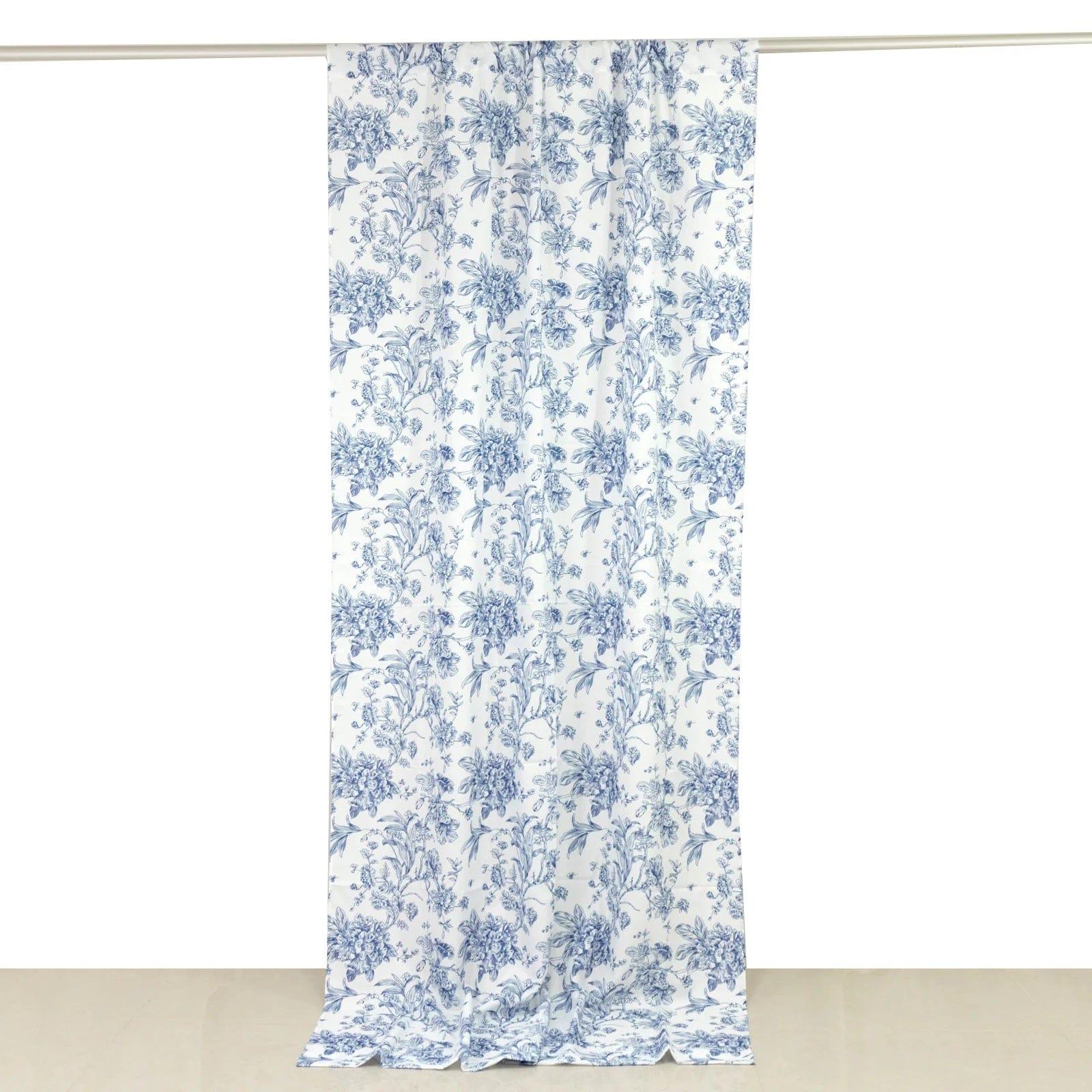 White Polyester Drapery Backdrop Curtain with French Toile Floral Pattern and Rod Pockets