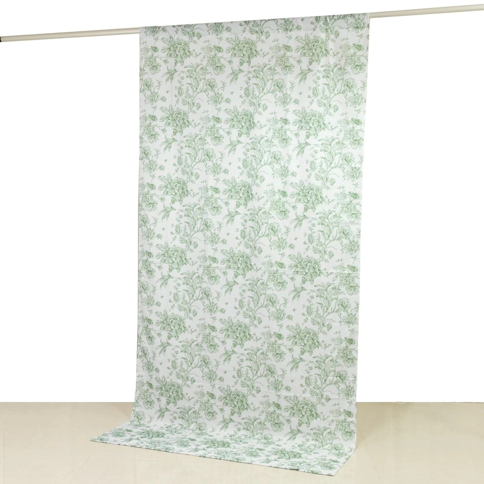 White Polyester Drapery Backdrop Curtain with French Toile Floral Pattern and Rod Pockets