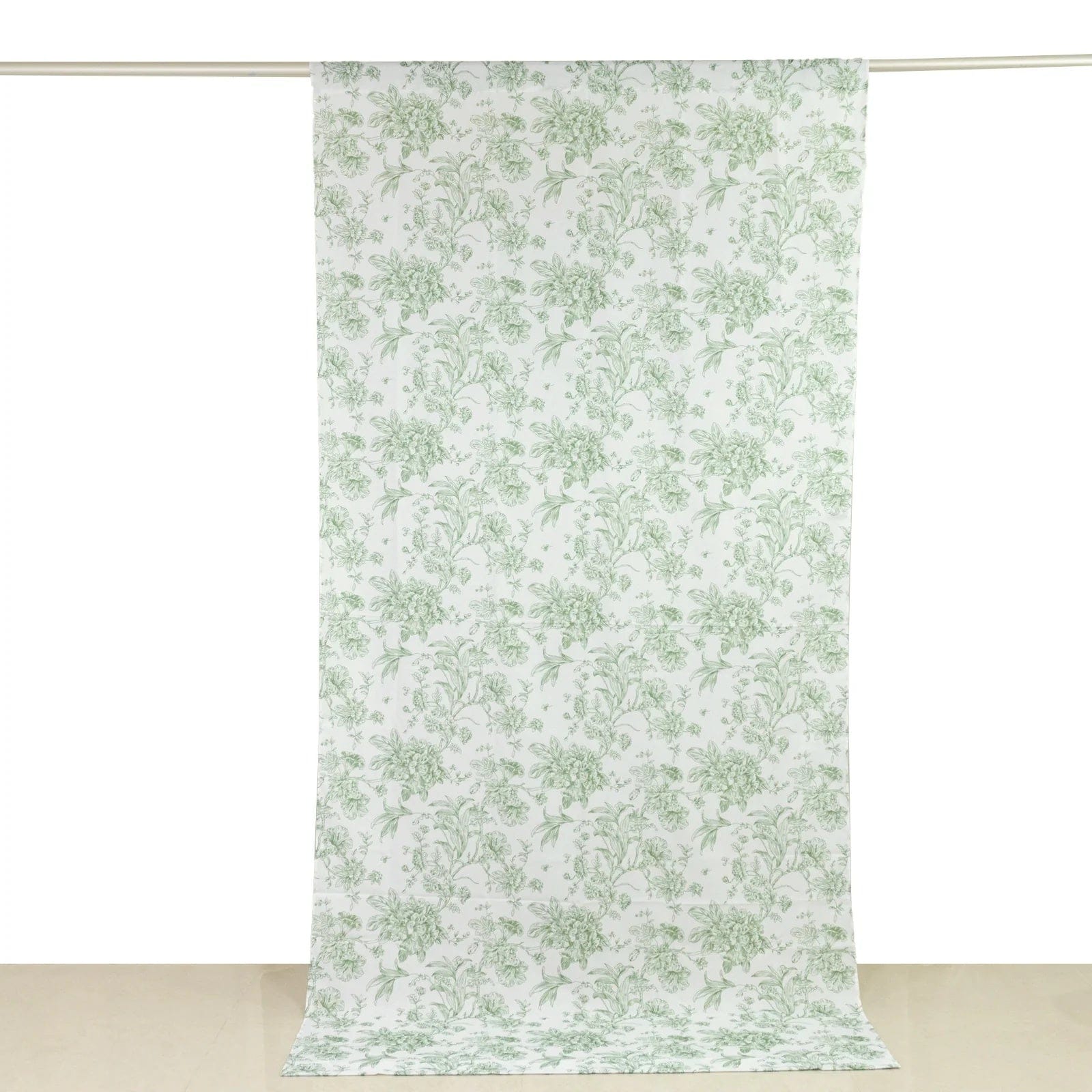 White Polyester Drapery Backdrop Curtain with French Toile Floral Pattern and Rod Pockets