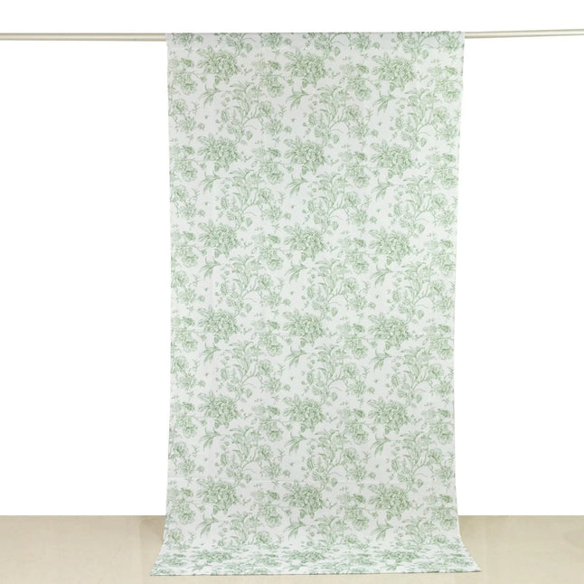 White Polyester Drapery Backdrop Curtain with French Toile Floral Pattern and Rod Pockets