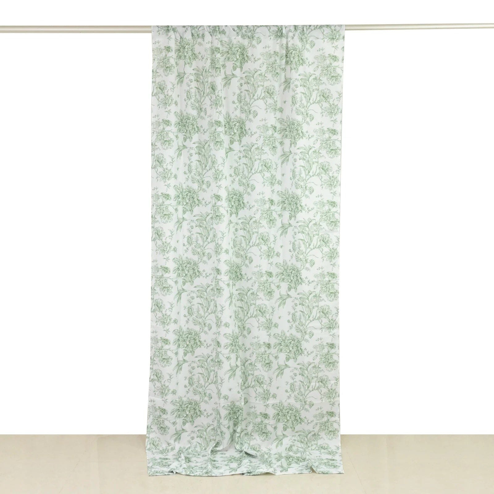 White Polyester Drapery Backdrop Curtain with French Toile Floral Pattern and Rod Pockets