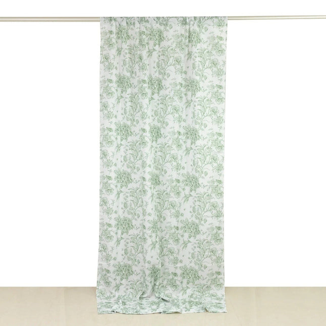 White Polyester Drapery Backdrop Curtain with French Toile Floral Pattern and Rod Pockets