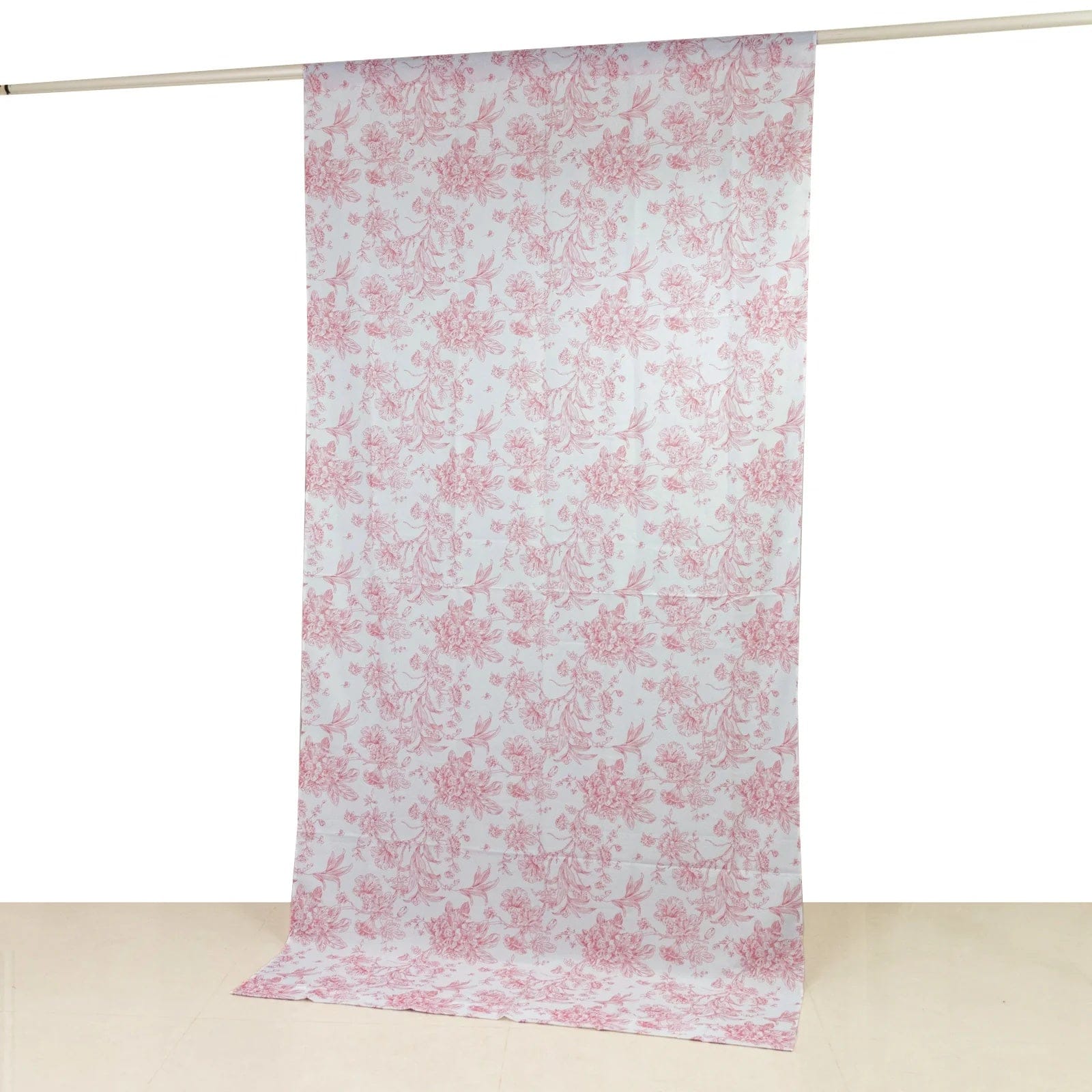White Polyester Drapery Backdrop Curtain with French Toile Floral Pattern and Rod Pockets