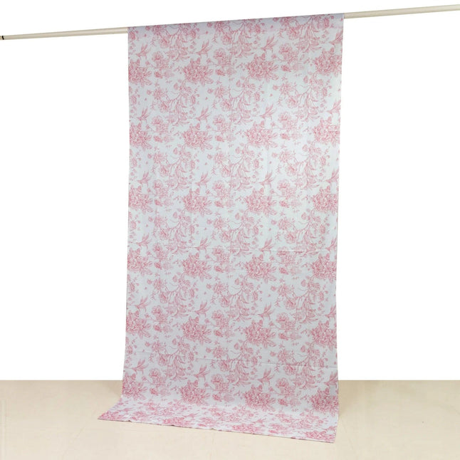White Polyester Drapery Backdrop Curtain with French Toile Floral Pattern and Rod Pockets