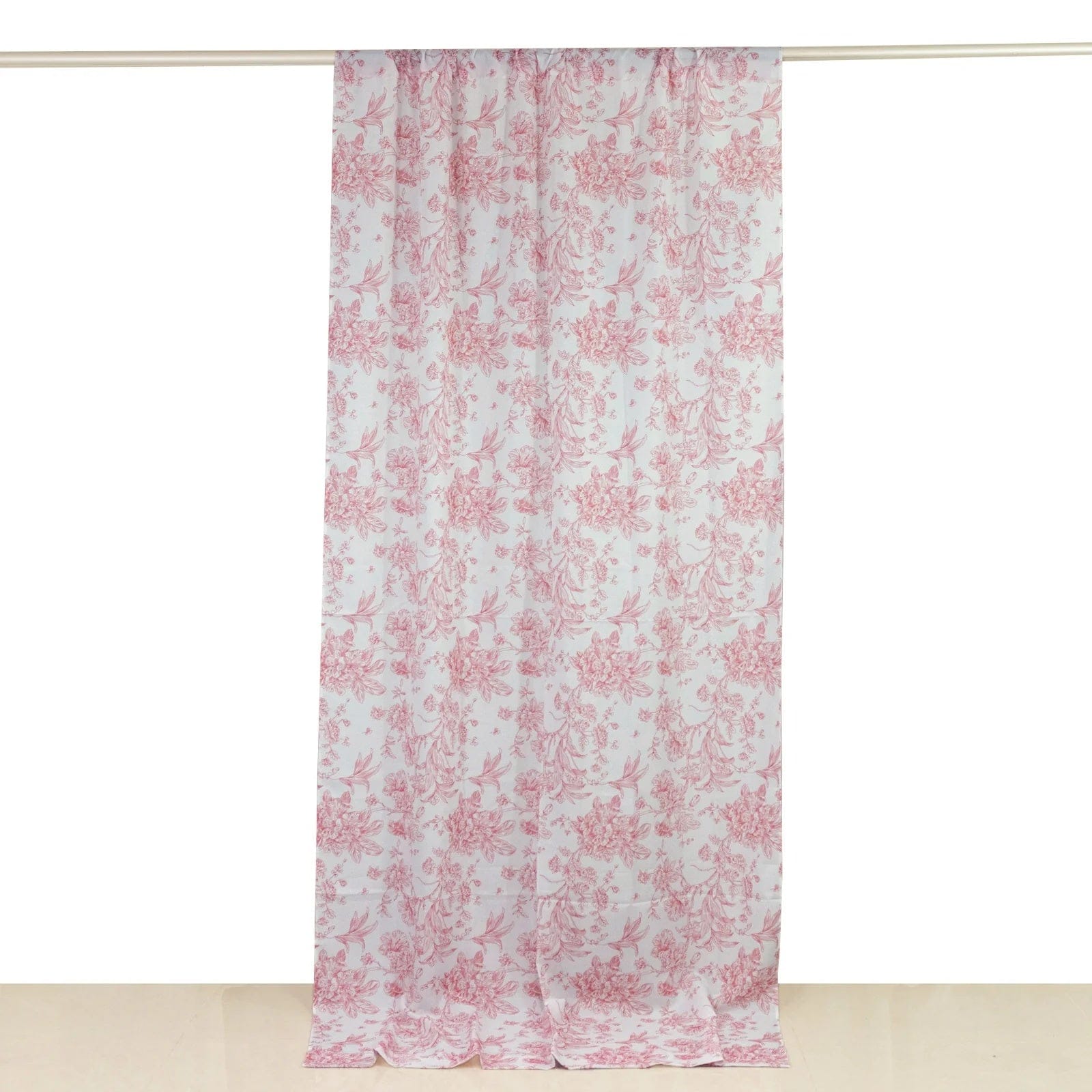 White Polyester Drapery Backdrop Curtain with French Toile Floral Pattern and Rod Pockets