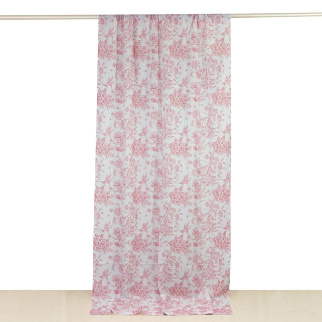 White Polyester Drapery Backdrop Curtain with French Toile Floral Pattern and Rod Pockets