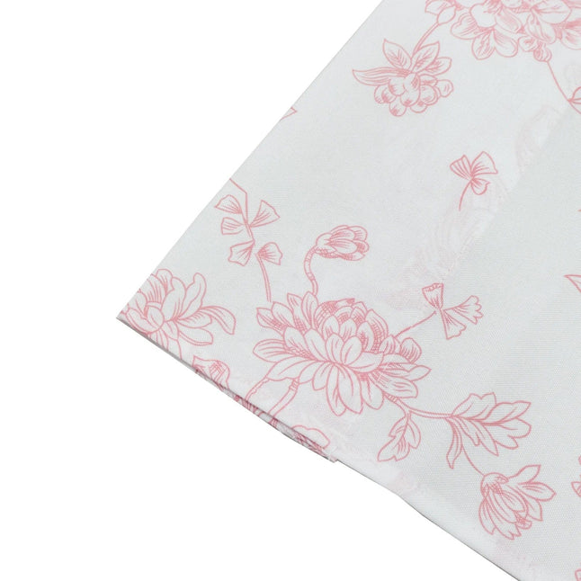 White Polyester Drapery Backdrop Curtain with French Toile Floral Pattern and Rod Pockets