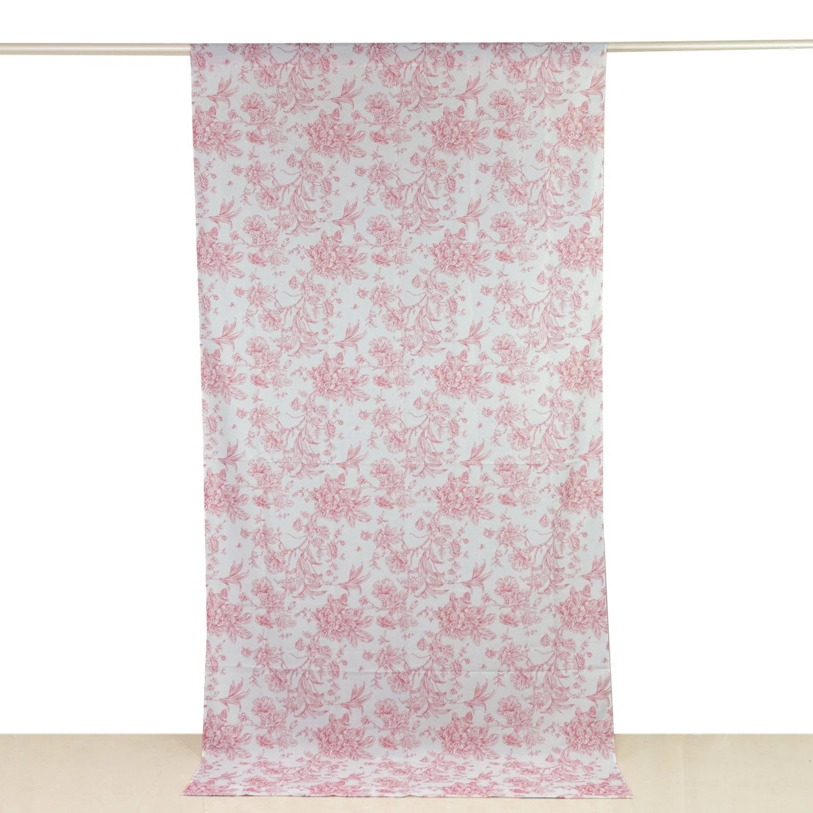 White Polyester Drapery Backdrop Curtain with French Toile Floral Pattern and Rod Pockets