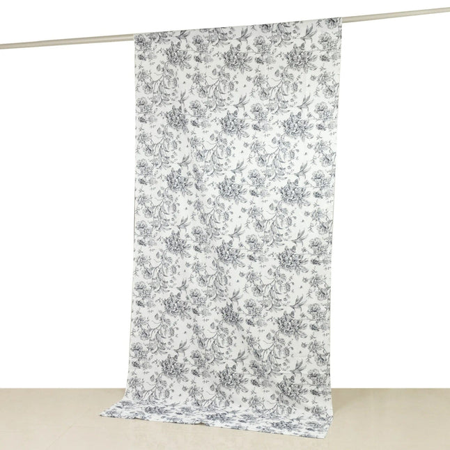 White Polyester Drapery Backdrop Curtain with French Toile Floral Pattern and Rod Pockets