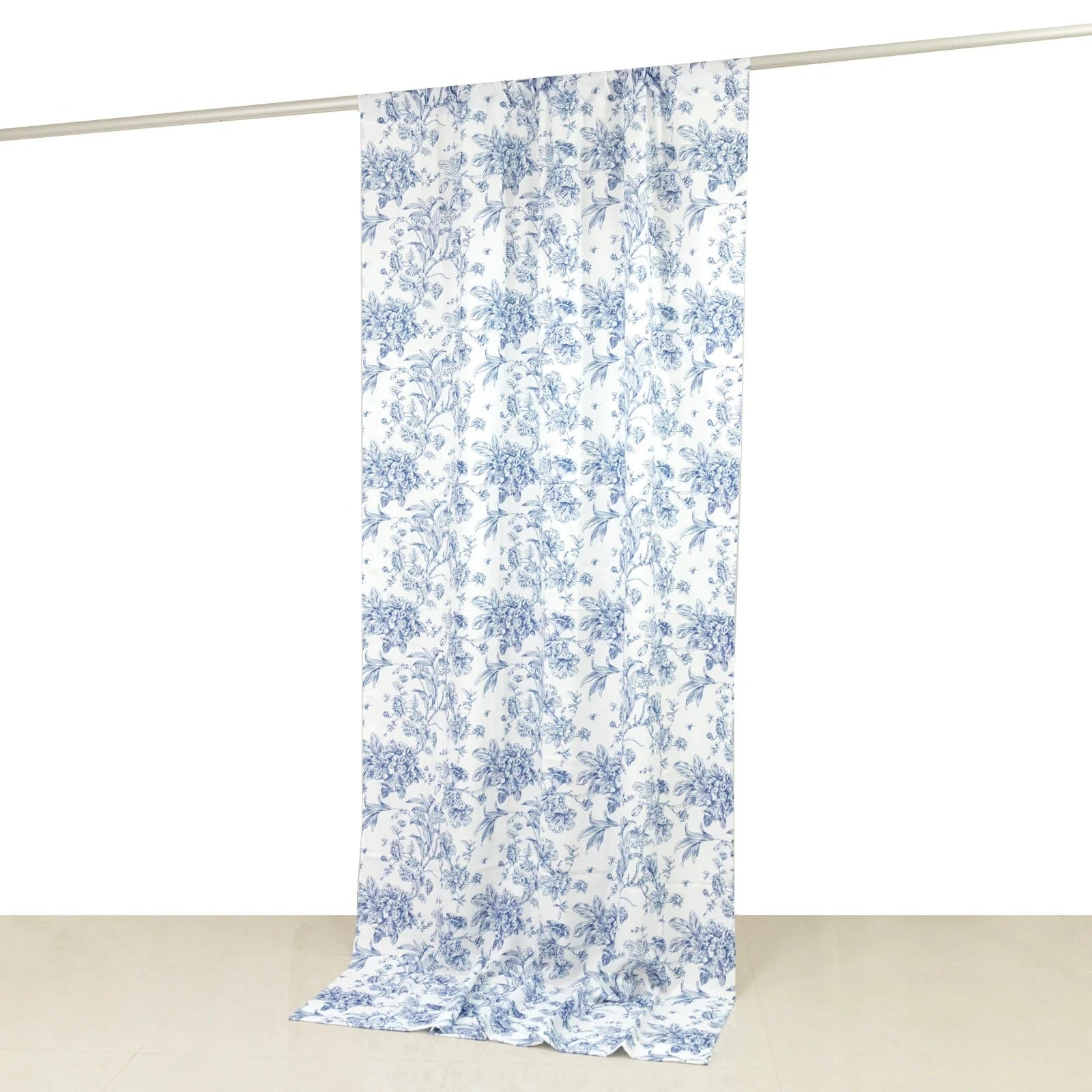 White Polyester Drapery Backdrop Curtain with French Toile Floral Pattern and Rod Pockets