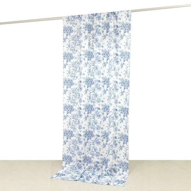 White Polyester Drapery Backdrop Curtain with French Toile Floral Pattern and Rod Pockets