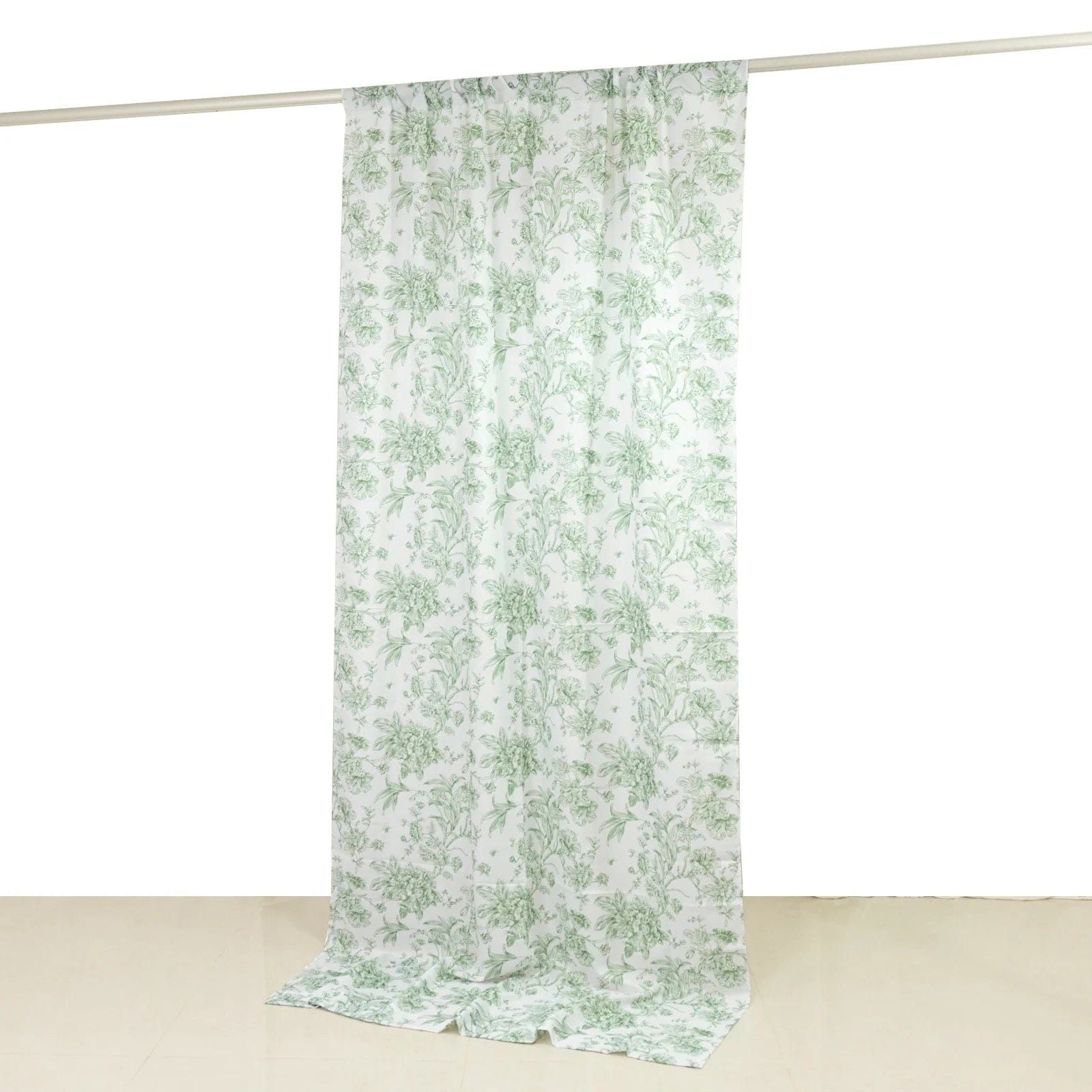White Polyester Drapery Backdrop Curtain with French Toile Floral Pattern and Rod Pockets