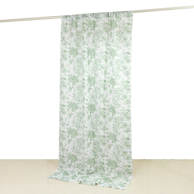 White Polyester Drapery Backdrop Curtain with French Toile Floral Pattern and Rod Pockets