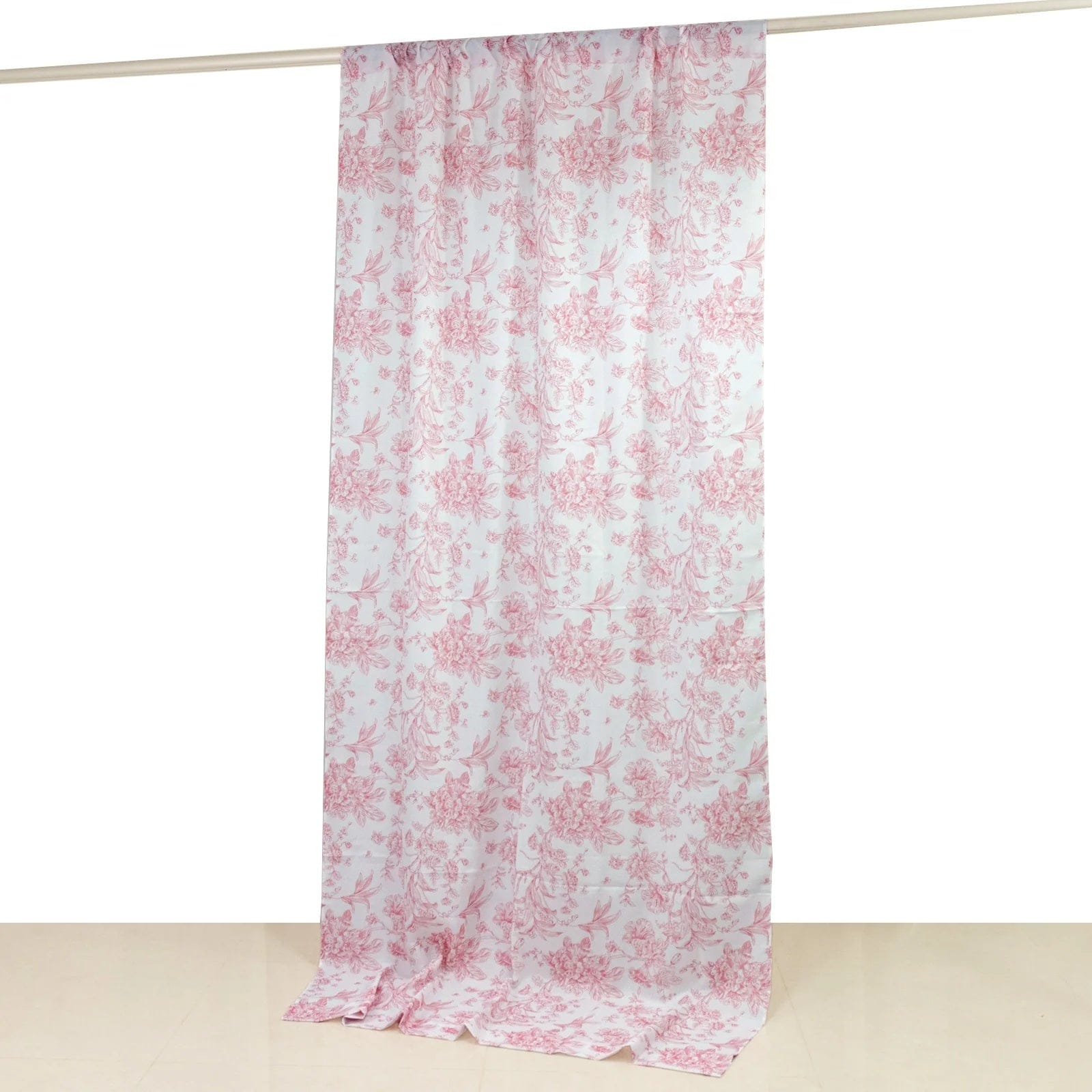 White Polyester Drapery Backdrop Curtain with French Toile Floral Pattern and Rod Pockets