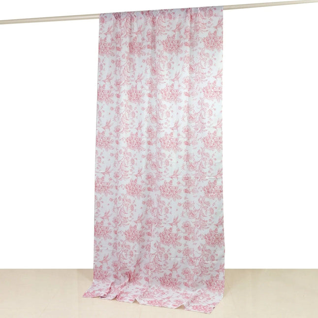 White Polyester Drapery Backdrop Curtain with French Toile Floral Pattern and Rod Pockets