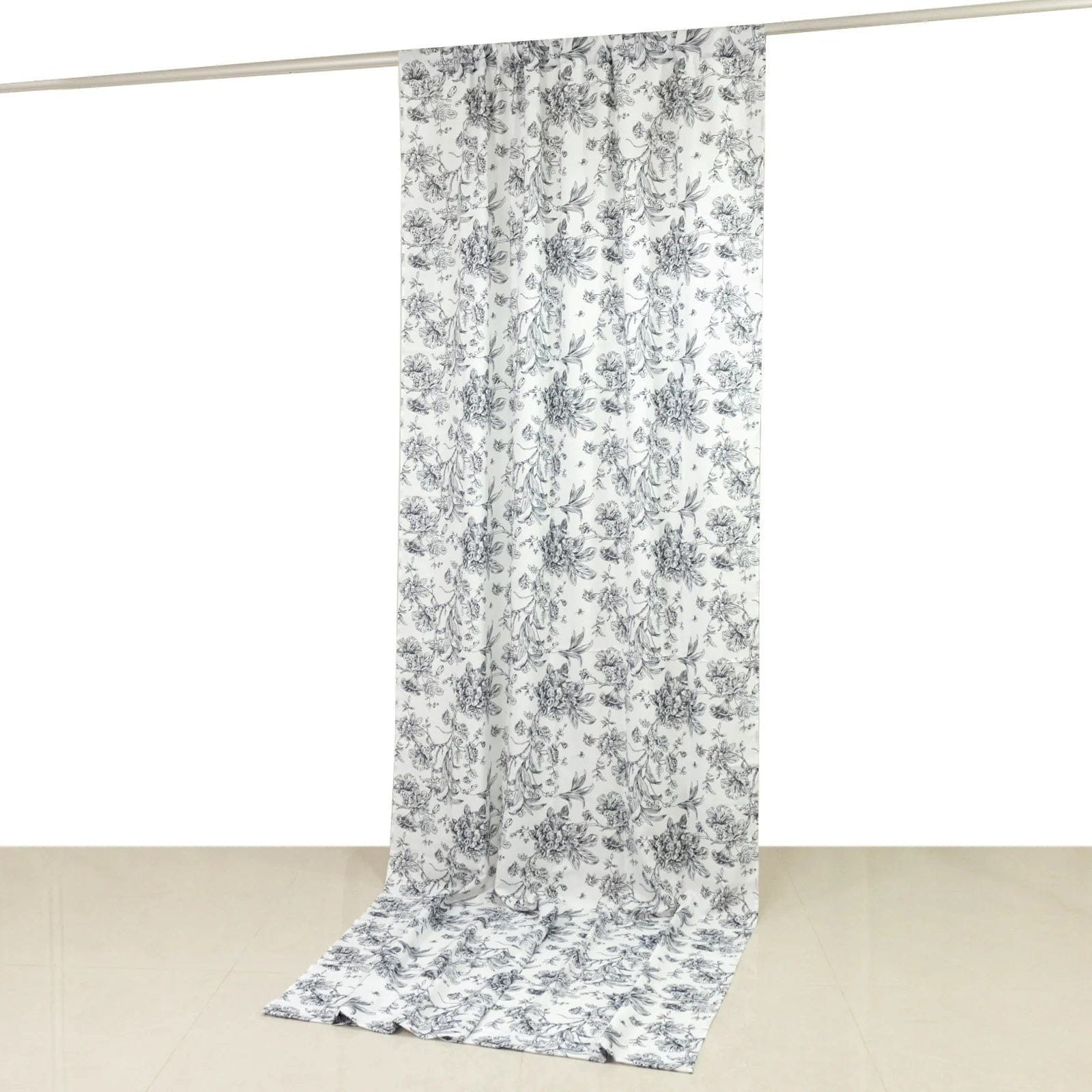 White Polyester Drapery Backdrop Curtain with French Toile Floral Pattern and Rod Pockets