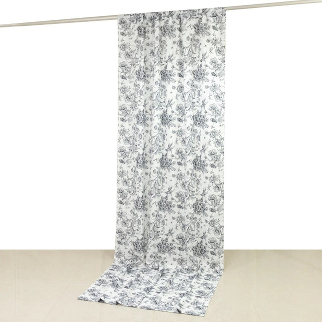 White Polyester Drapery Backdrop Curtain with French Toile Floral Pattern and Rod Pockets