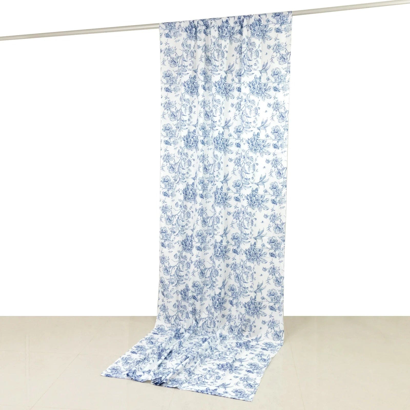 White Polyester Drapery Backdrop Curtain with French Toile Floral Pattern and Rod Pockets