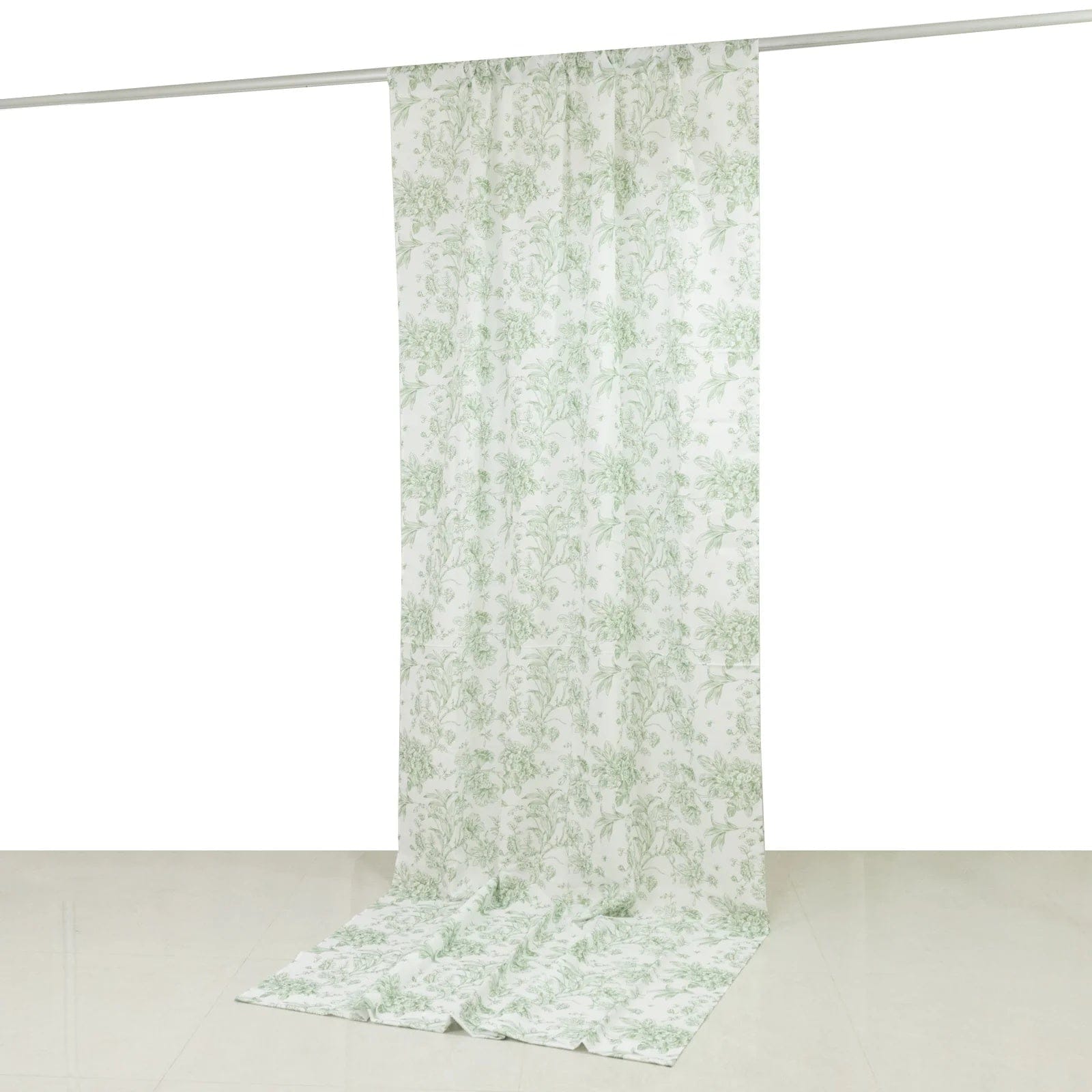 White Polyester Drapery Backdrop Curtain with French Toile Floral Pattern and Rod Pockets