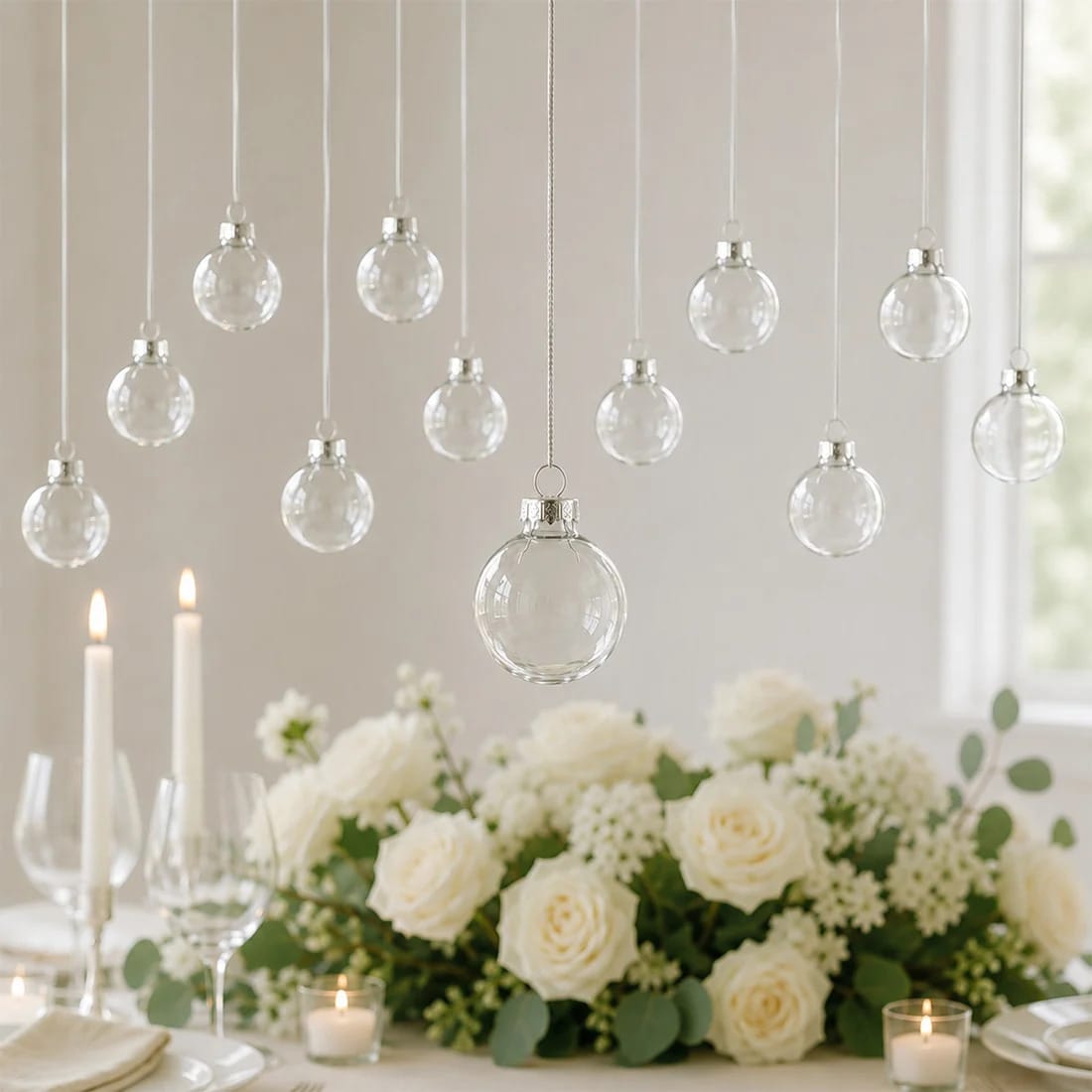 12 pcs 2 in wide Clear Glass Hanging Ornament Balls with Removable Silver Caps
