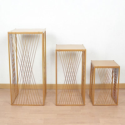 3 Gold Metal Pedestal Stands with Geometric Crossed Lines Pattern