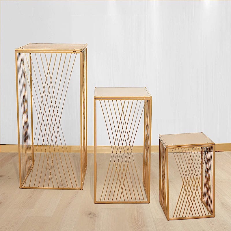 3 Gold Metal Pedestal Stands with Geometric Crossed Lines Pattern