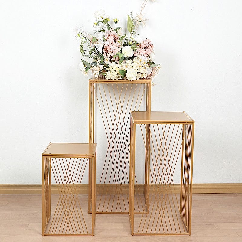 3 Gold Metal Pedestal Stands with Geometric Crossed Lines Pattern