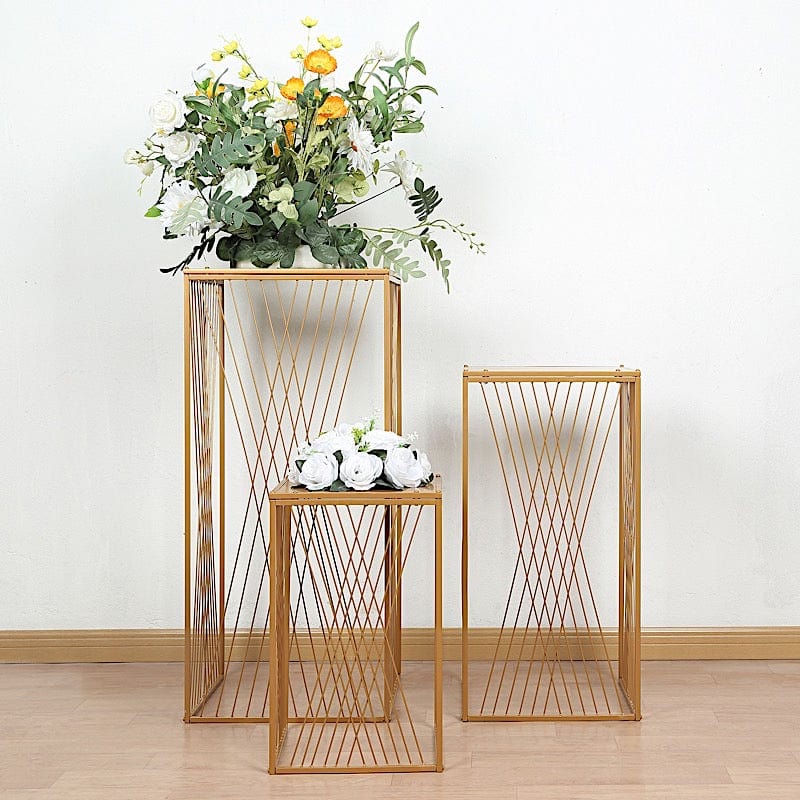 3 Gold Metal Pedestal Stands with Geometric Crossed Lines Pattern