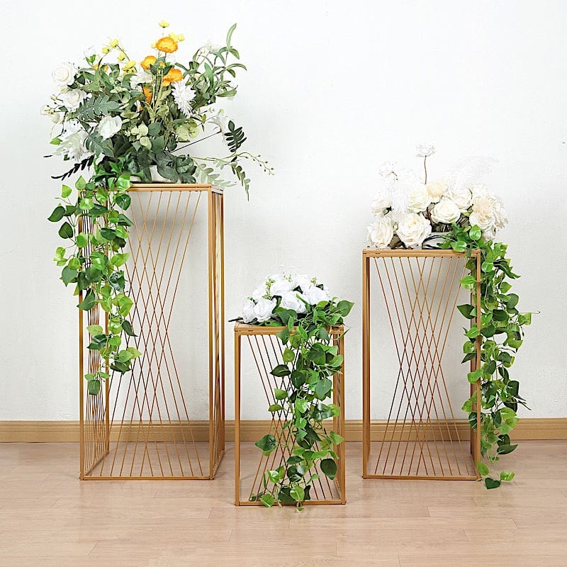 3 Gold Metal Pedestal Stands with Geometric Crossed Lines Pattern