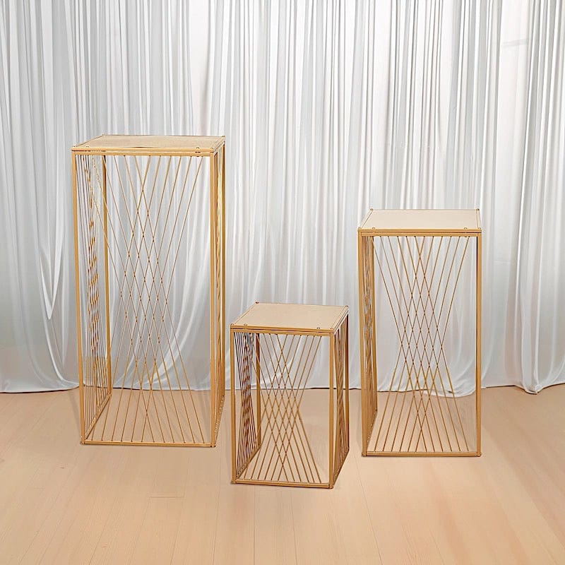 3 Gold Metal Pedestal Stands with Geometric Crossed Lines Pattern